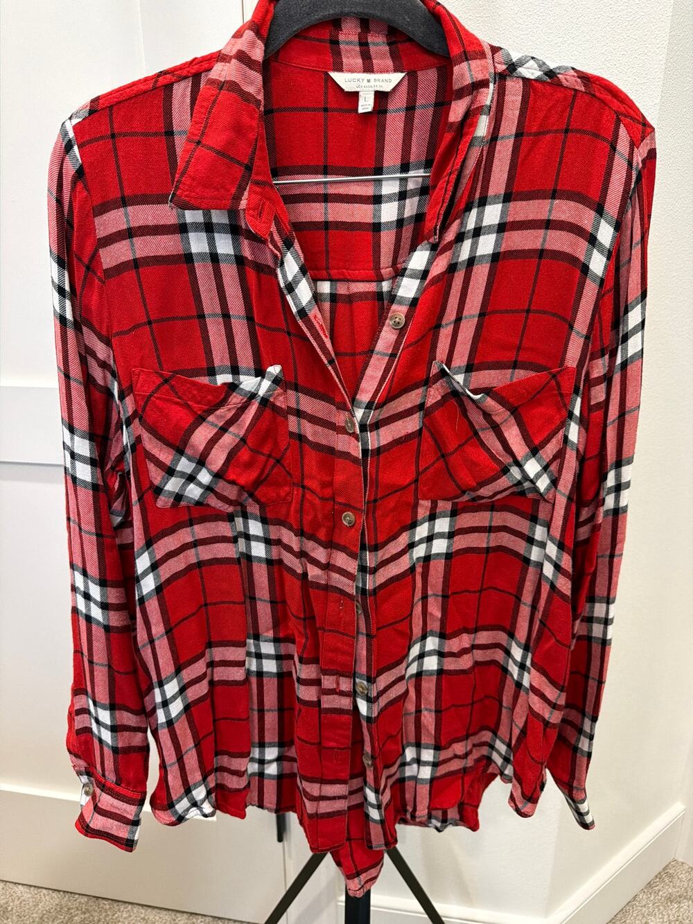 Women’s Red Plaid Button-Down Shirt Lucky Brand Size Large